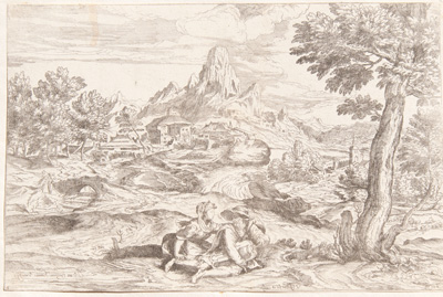 Titian etching from 1682 Landscape with couple, man playing the Hurdy-Gurdy